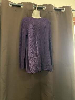 Jeanne Pierre Purple 100% Cotton Cable Knit Crew Neck Sweater with Pockets Size